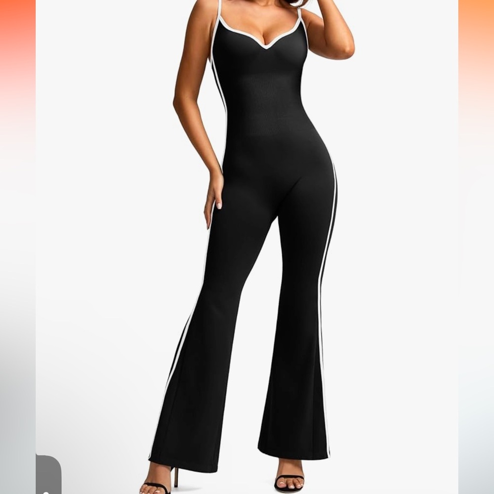 VILANVA NWT SWEETHEART NECK ADJ STRAPS FLARE LEG TUMMY SUPPORT JUMPSUIT